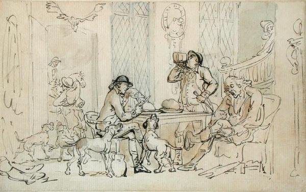 Frokost før jakten, ca. 1785-90 (penn og blekk med brun og blå vask på papir) av Thomas Rowlandson