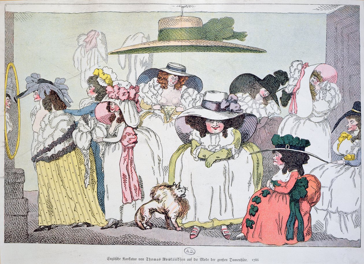 Karikatur av mote for store hatter, 1786 av Thomas Rowlandson