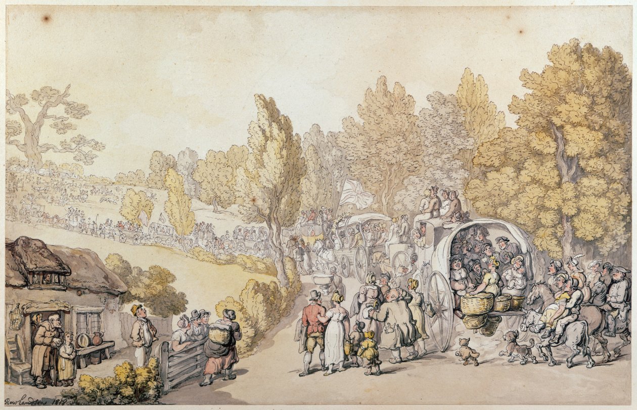 Tegneserie som viser landfolk på vei til byen, 1818 (håndfarget gravering) av Thomas Rowlandson