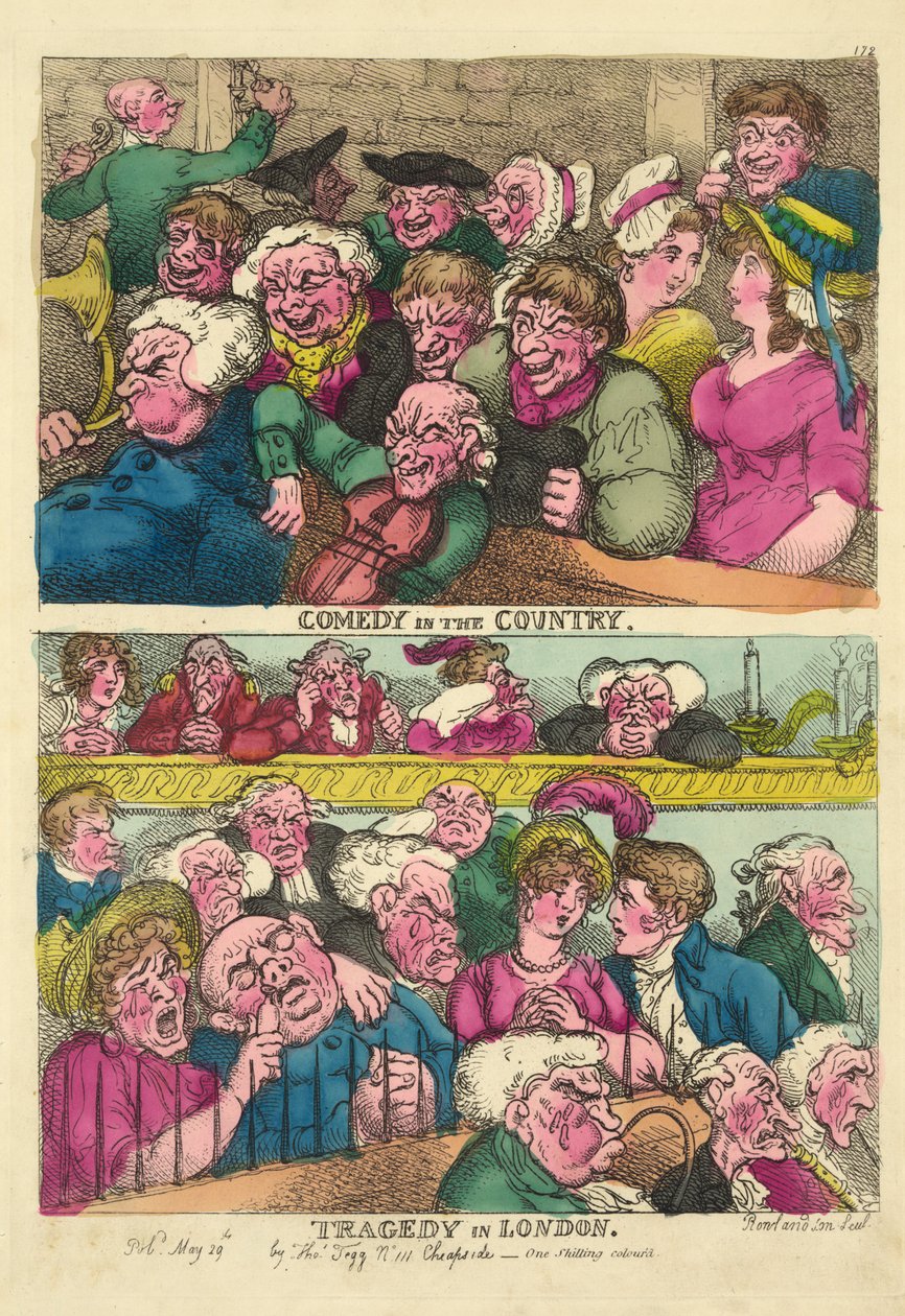 Comedy in the Country, Tragedy in London, 1807 (håndfarget gravering) av Thomas Rowlandson