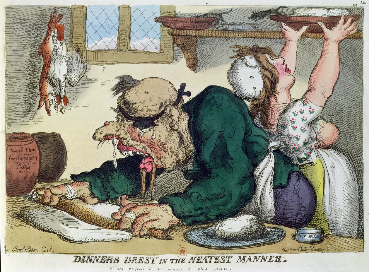 Dinners Drest in the Neatest Manner, satirisk tegneserie om kulinarisk hygiene av Thomas Rowlandson