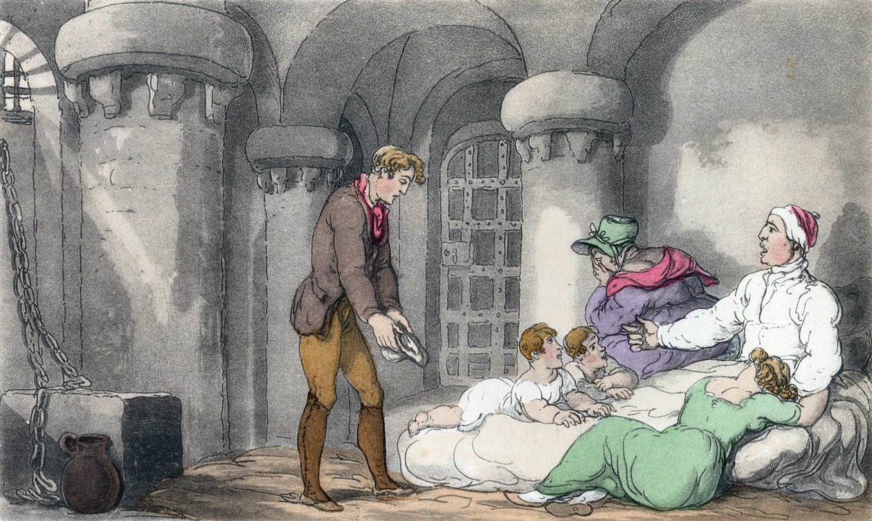 Domestic Arrangement in Prison, illustrasjon fra 'The Vicar of Wakefield' av Oliver Goldsmith, pub. Ackermann, 1817 (håndfarget akvatint) av Thomas Rowlandson
