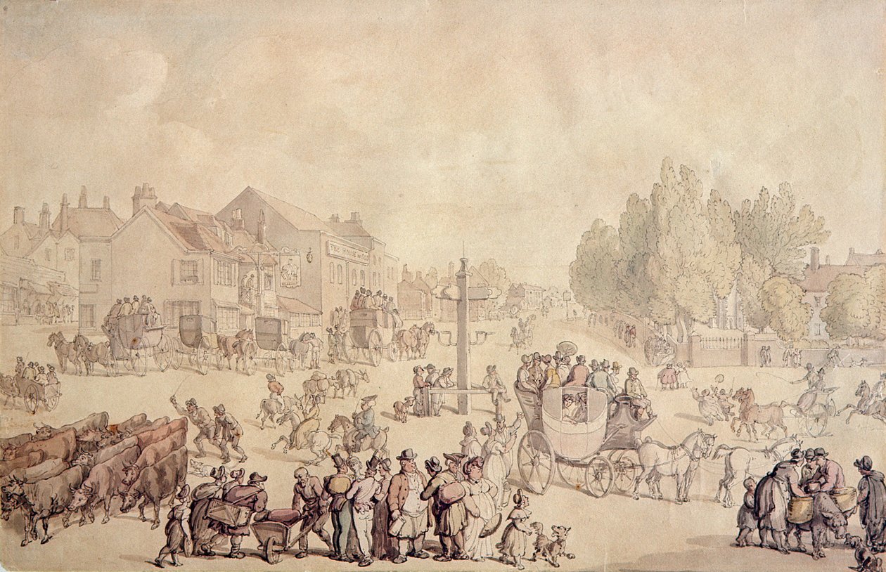 Elephant and Castle (håndfarget gravering) av Thomas Rowlandson