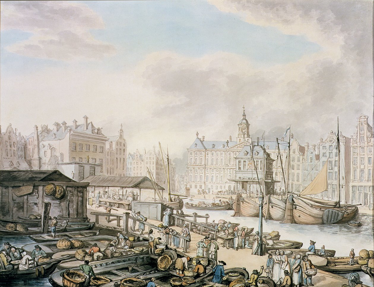 Feyge Dam og en del av fiskemarkedet, Amsterdam, ca. 1794 (penn og blekk med wc på papir) av Thomas Rowlandson