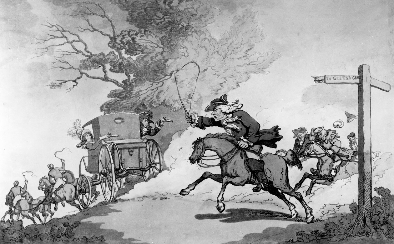 Filial Affection, or A Trip to Gretna Green, 1780-tallet (litho) av Thomas Rowlandson