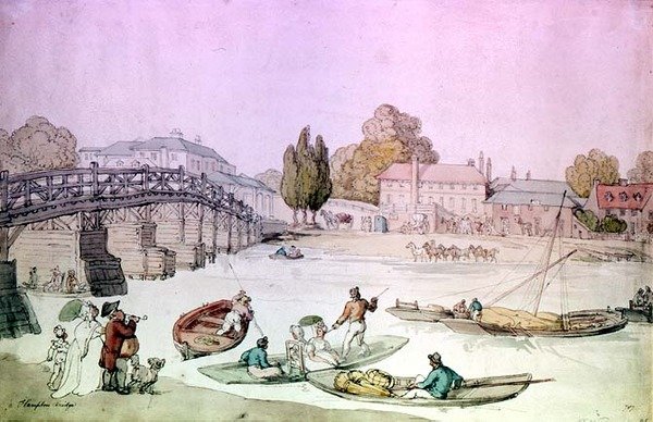 Hampton Bridge with Punts and Barges (wc) av Thomas Rowlandson
