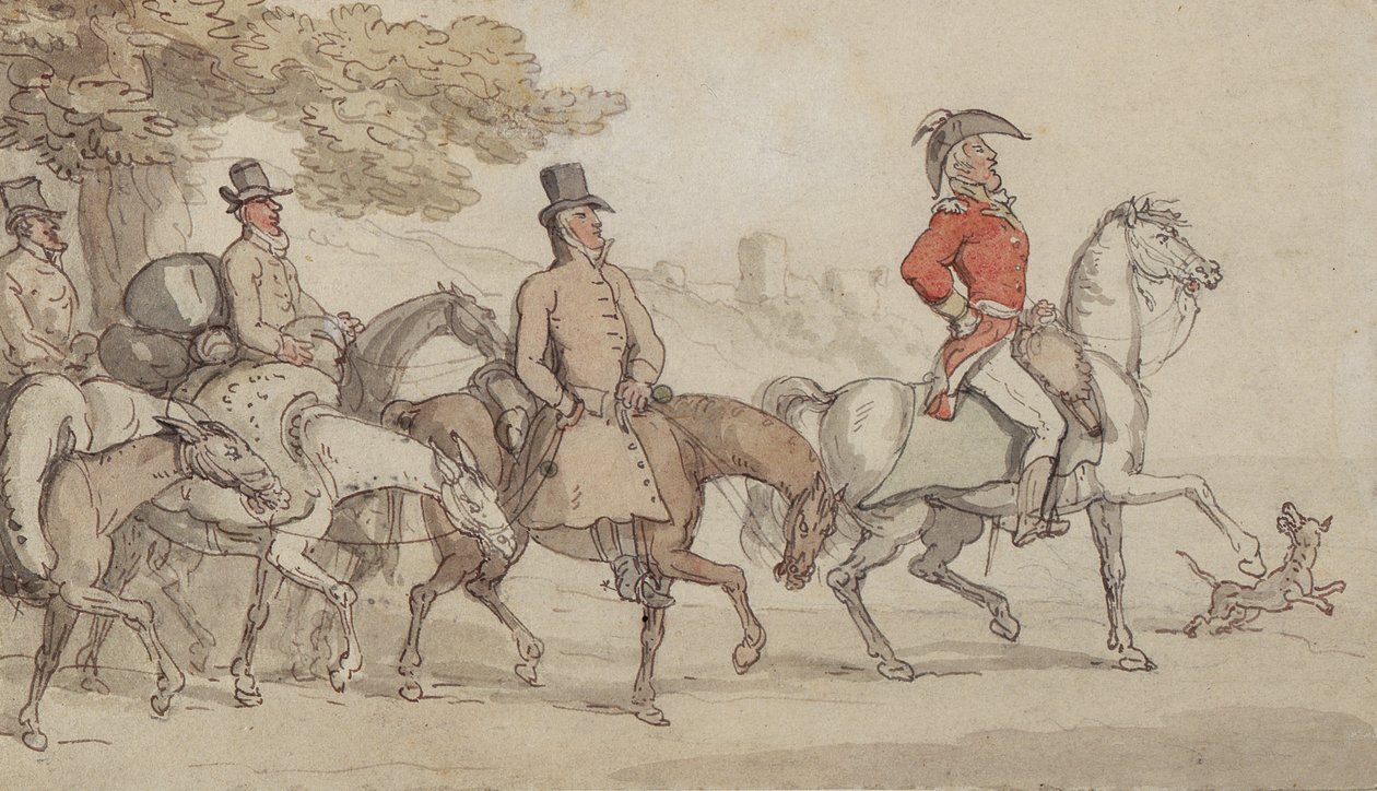 Illustrasjoner for The Military Adventures of Johnny Newcome: Dashed with his suite for Santarem that night av John Mitford (1782-1831) (penn og blekk og wc på papir) av Thomas Rowlandson