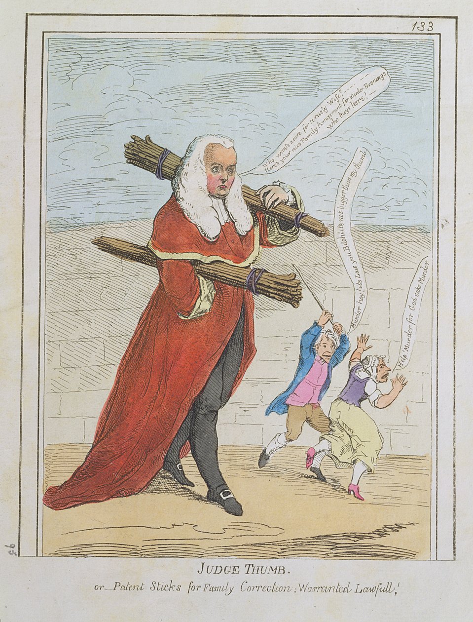 Dommer tommelen - eller patentstikker for familiekorreksjon; Warranted Lawfull, tegneserie av Judge Butler, fra Rowlandsons Caricature Magazine, Vol. II, pub. av Thomas Tegg, ca. 1782 (trykk) av Thomas Rowlandson