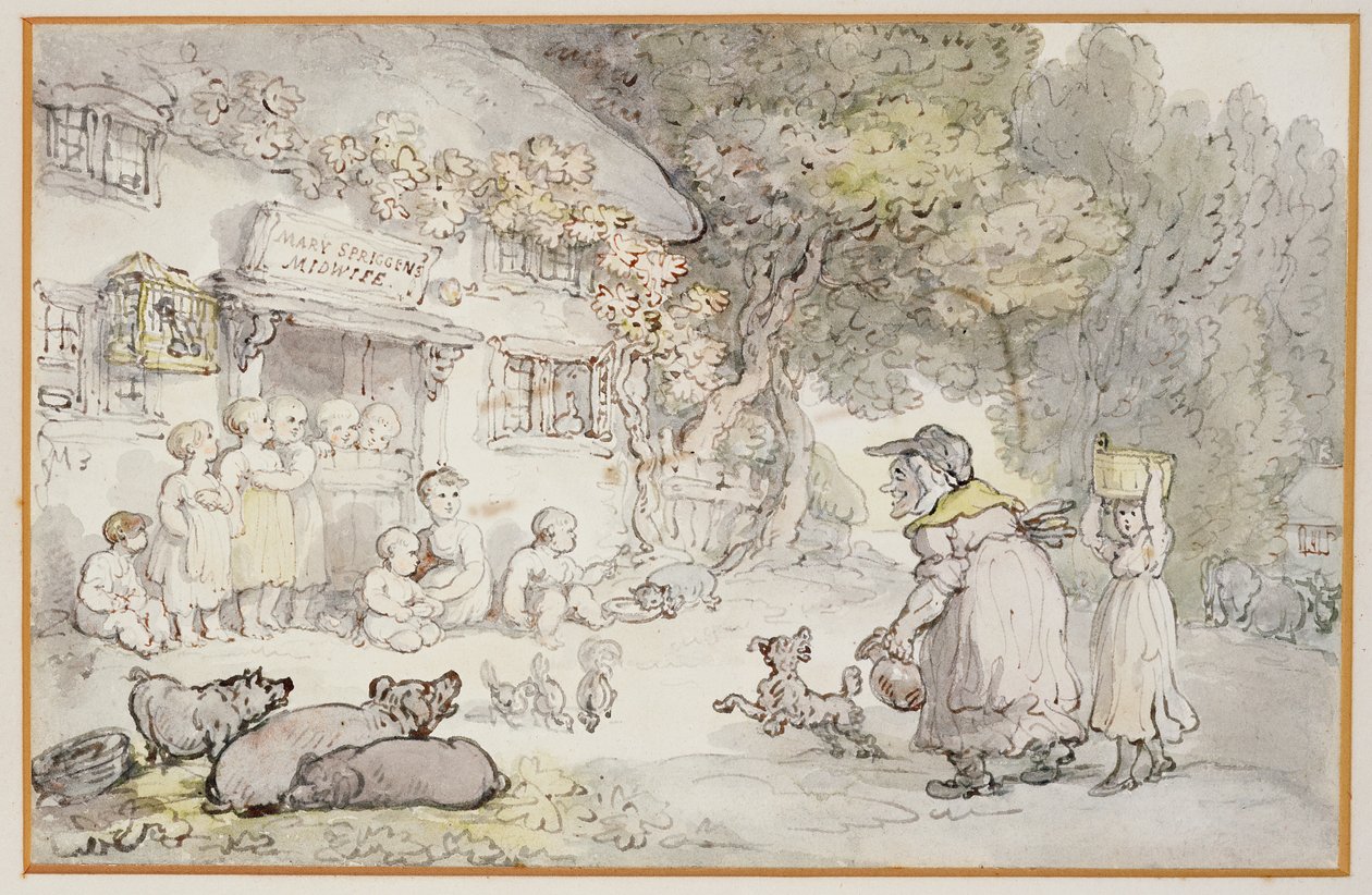 Mary Spriggens, jordmoren (wc, penn og blekk) av Thomas Rowlandson