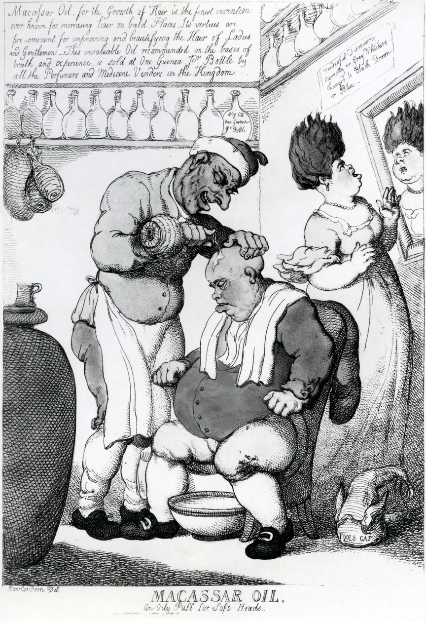 Massacar Oil, en fet puff for myke hoder, 1814 av Thomas Rowlandson