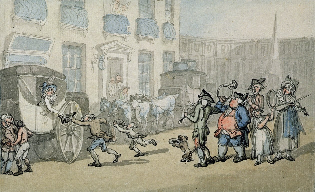Matthew Bramble's Trip to Bath: Ankomst til Bath (wc, penn og blekk og blyant på papir lagt på feste) av Thomas Rowlandson