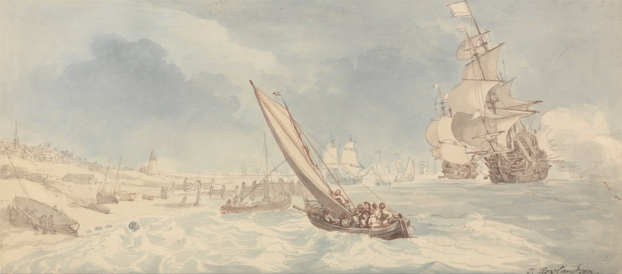 Krigsmenn og seilbåter i nærheten av en strand av Thomas Rowlandson