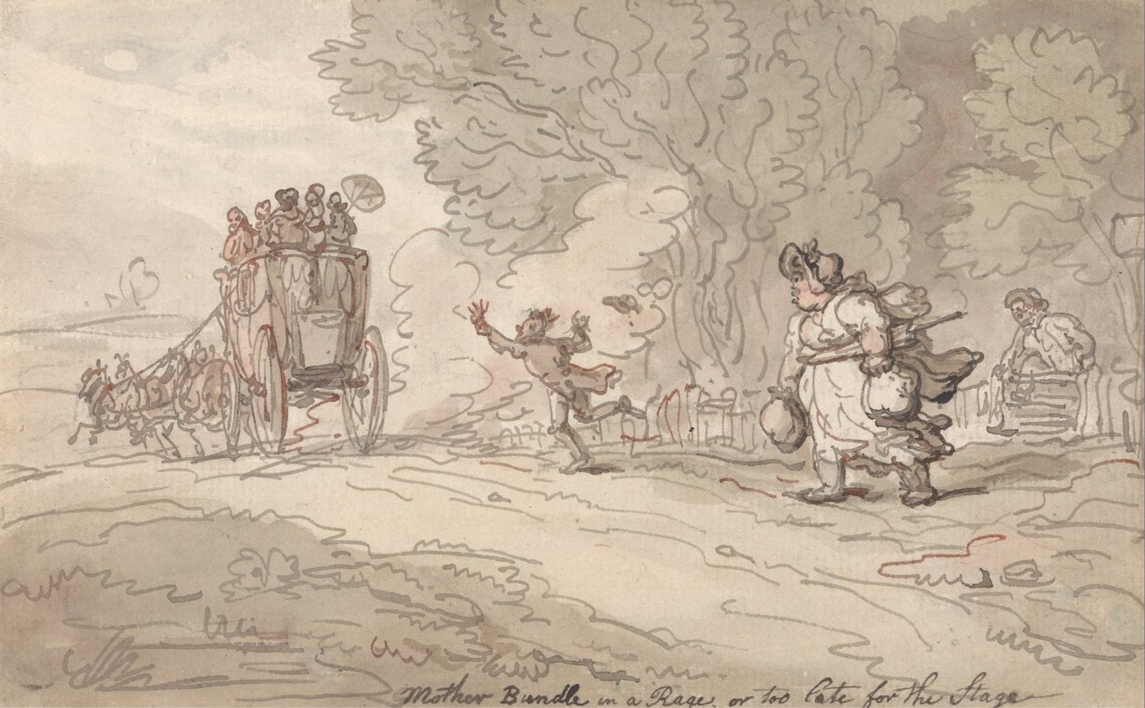 Mother Bundle in a Rage eller for sent for scenen av Thomas Rowlandson