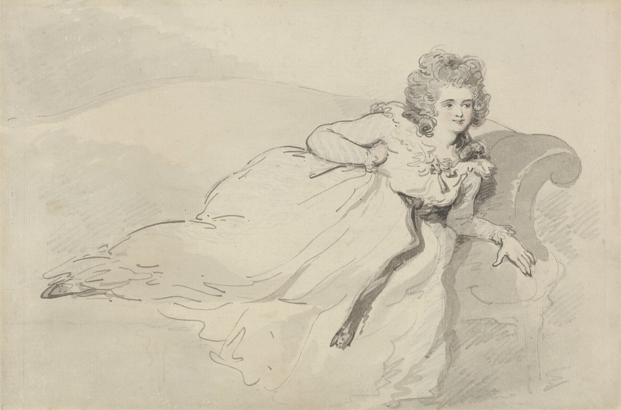 Fru Abington, tilbakelent på en sofa (penn, grafitt og wc på papir) av Thomas Rowlandson