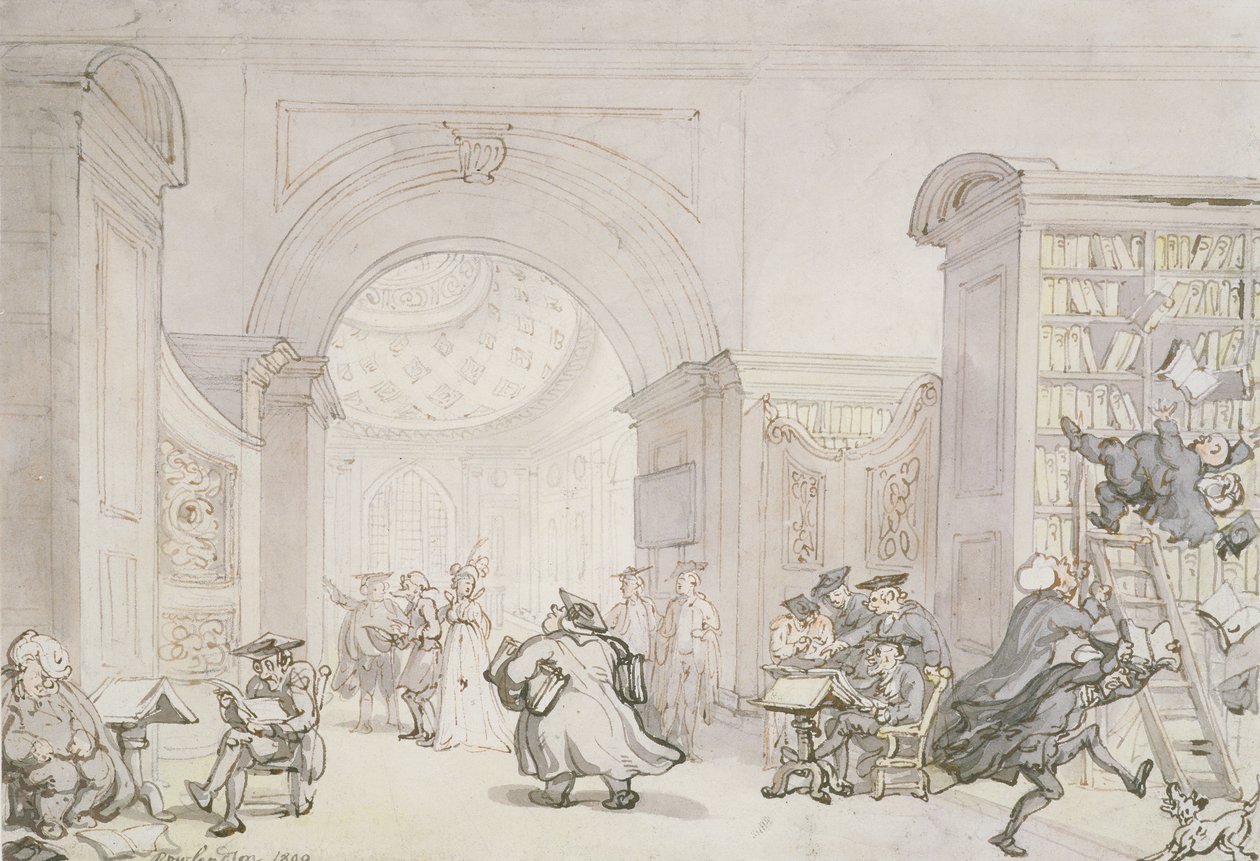No.0613 The West Room and the Dome Room of Old University Library, Cambridge, 1800 (blyant, blekk og wc) av Thomas Rowlandson