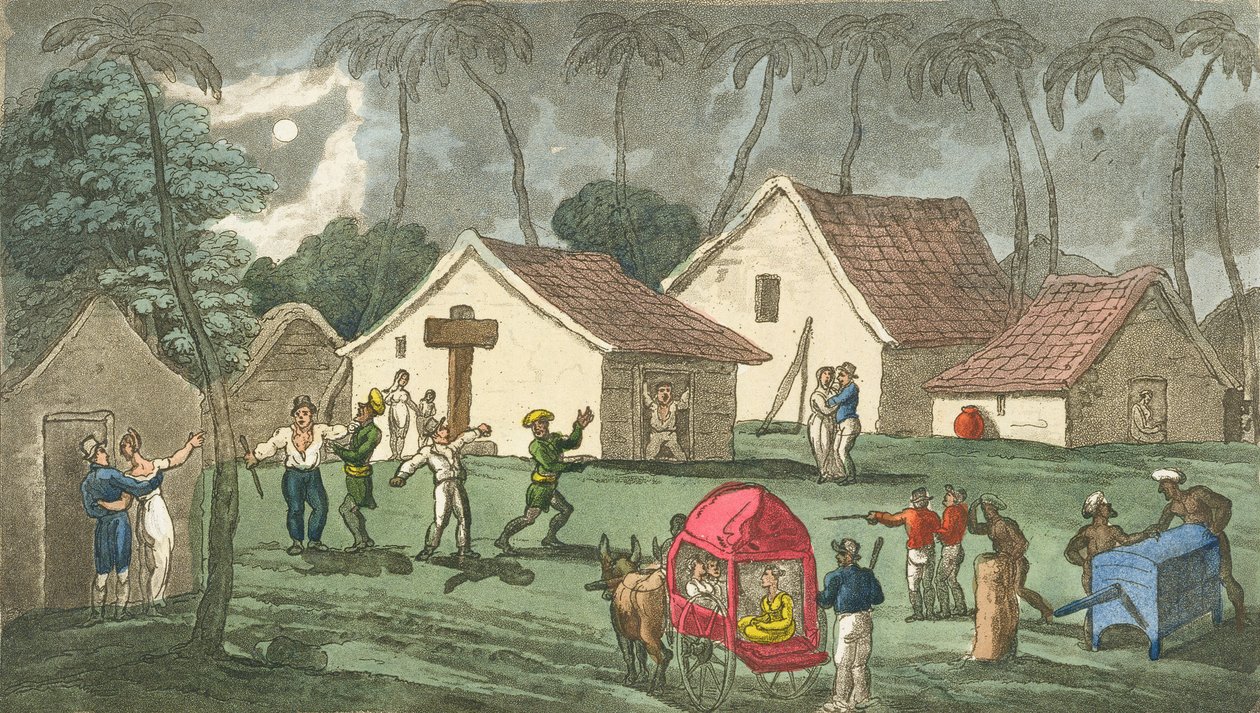 Avlegger et nattlig besøk til Dungaree, fra 'The Grand Master, or Adventures of Qui Hi i Hindostan. A Hudibras Poem in Eight Cantos by Quiz', av William Combe (1741-1823) utgitt av Thomas Tegg, Lond av Thomas Rowlandson