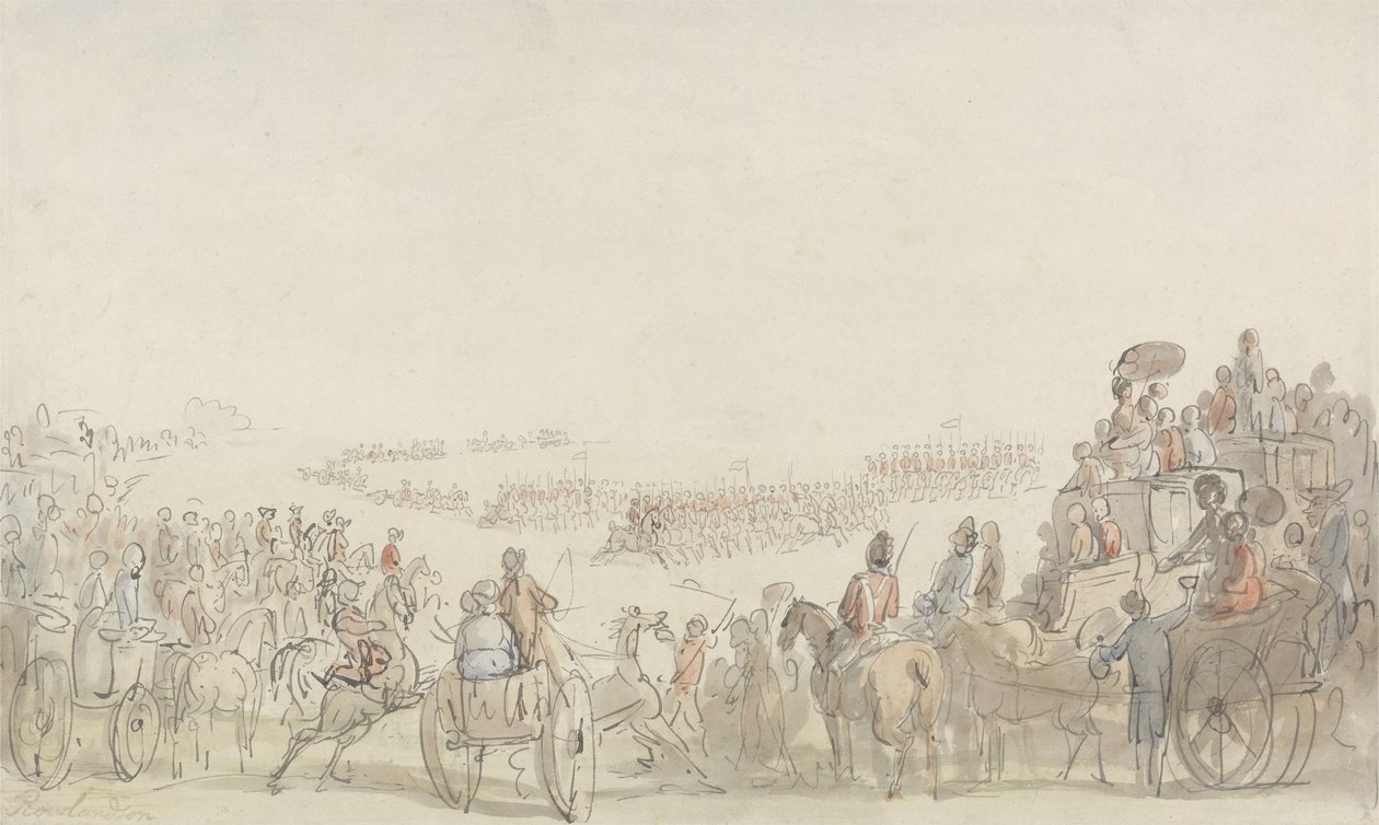 Gjennomgang av Light Horse Volunteers på Wimbledon Common, 1798 (penn og blekk med wc over grafitt på papir) av Thomas Rowlandson