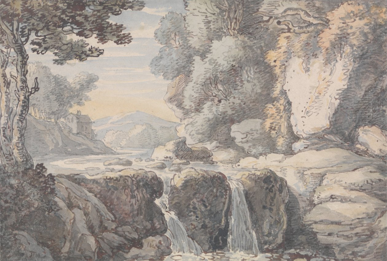 Elvelandskap med en foss av Thomas Rowlandson