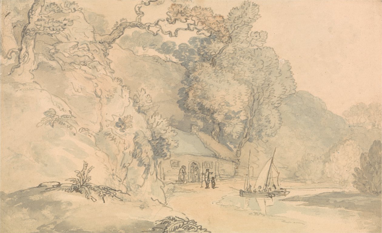 River Scene med små båter av Thomas Rowlandson