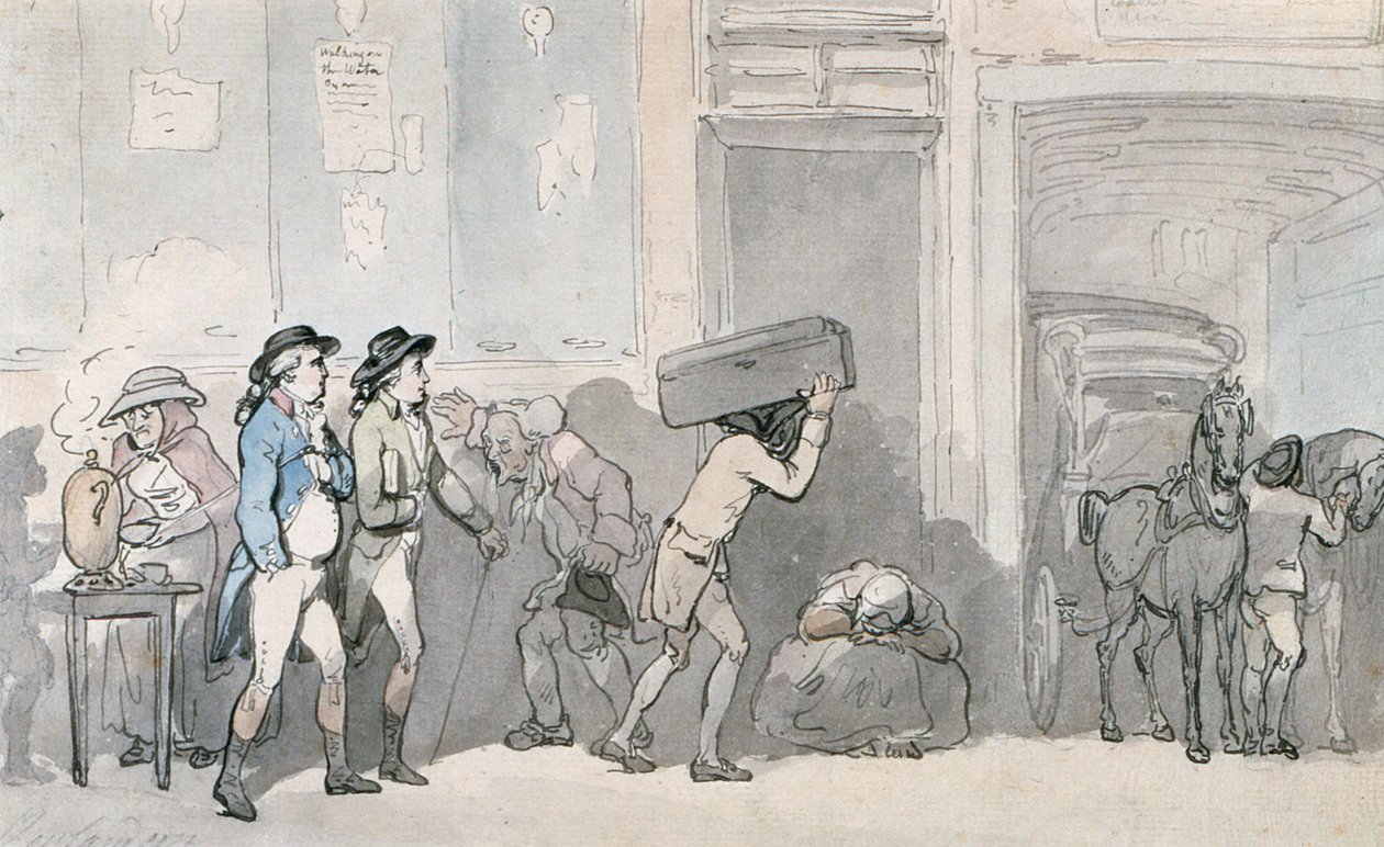 Rowlandson og Wigstead (1745-93) Ankommer et vertshus (penn og grått blekk og wc på papir) av Thomas Rowlandson