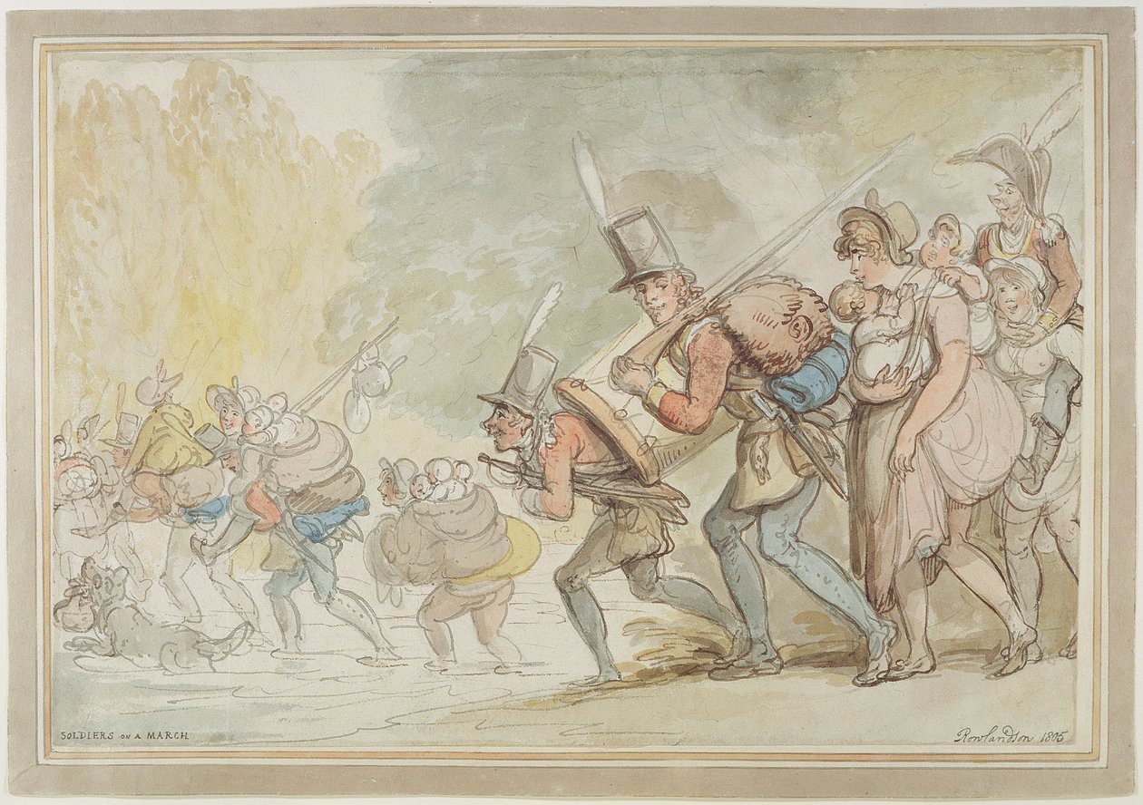 Soldater på en mars, 1805 (penn og blekk og akvarell på papir) av Thomas Rowlandson