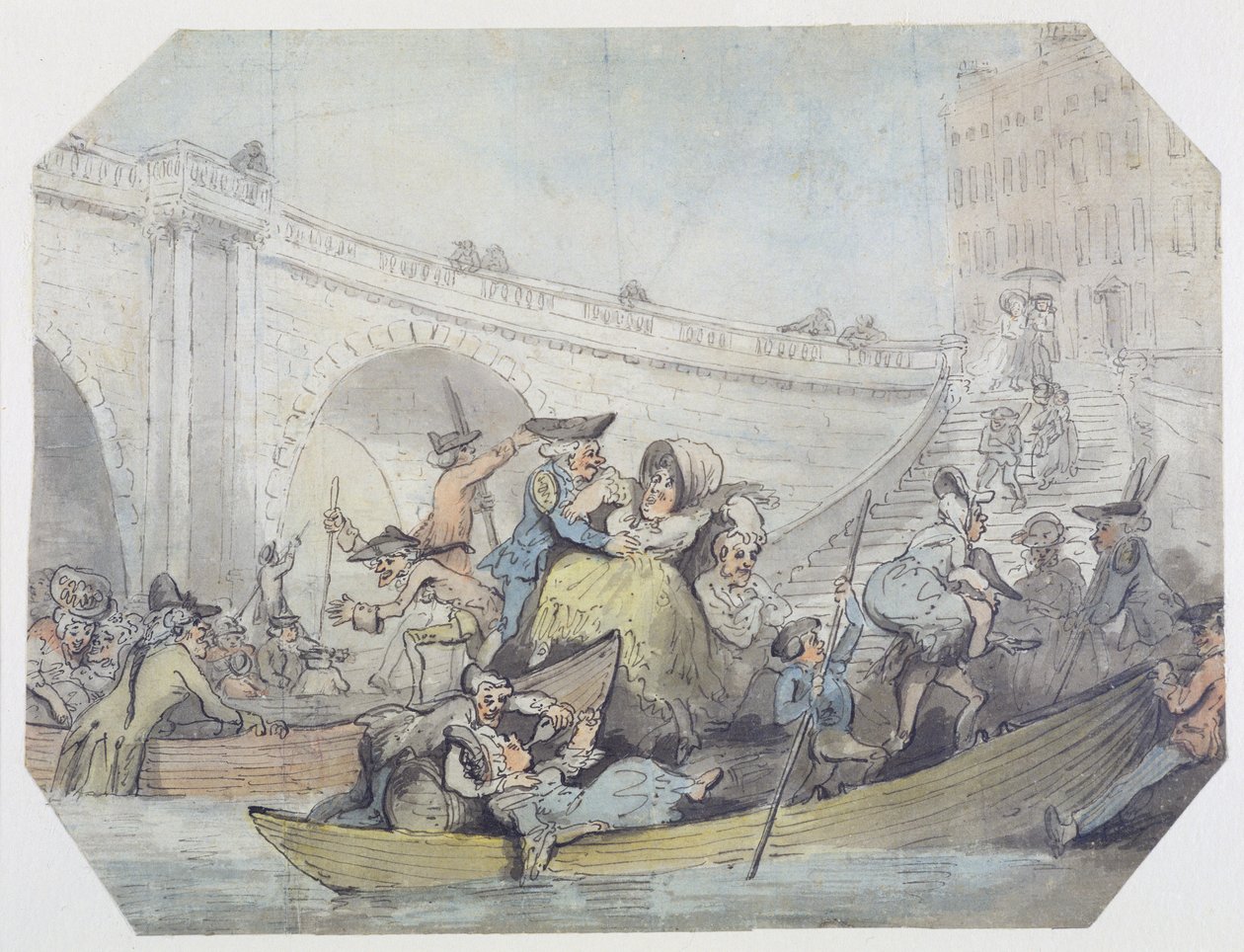 Fergenes ankomst til London Bridge (penn og blekk, wc over grafitt på vevd papir) av Thomas Rowlandson