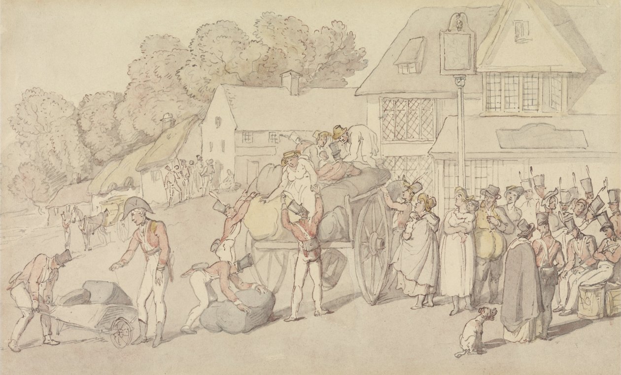 Ankomsten av et kompani av milits på et vertshus av Thomas Rowlandson