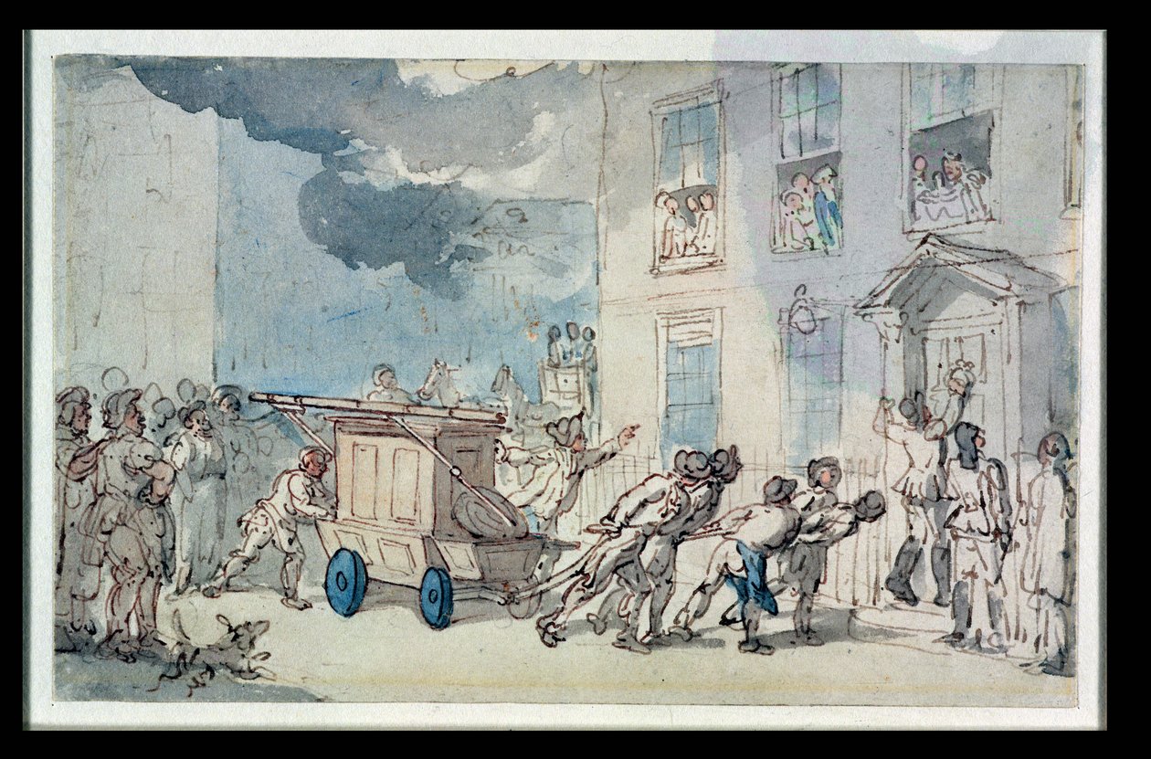 Brannbilens ankomst (wc, penn og blekk, blyant og pastell på papir) av Thomas Rowlandson
