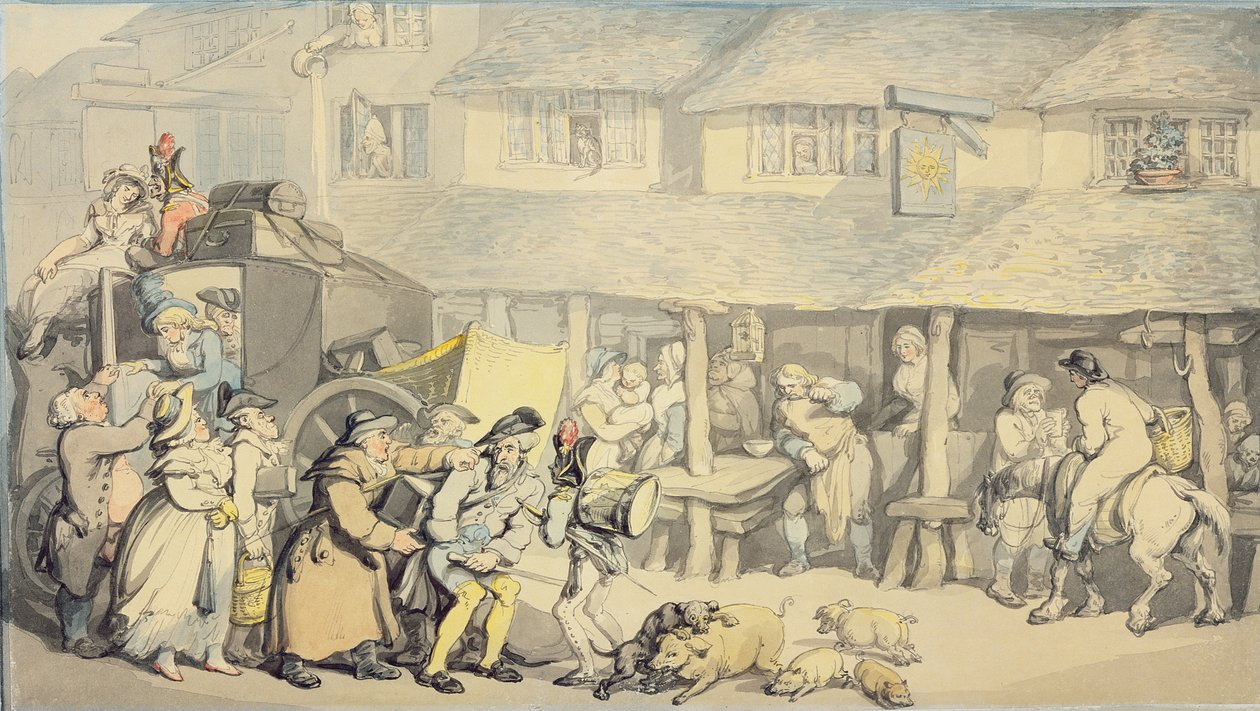 Scenecoachens ankomst til Sun Inn, Bodmin, Cornwall (wc og penn og svart blekk over grafitt på papir) av Thomas Rowlandson