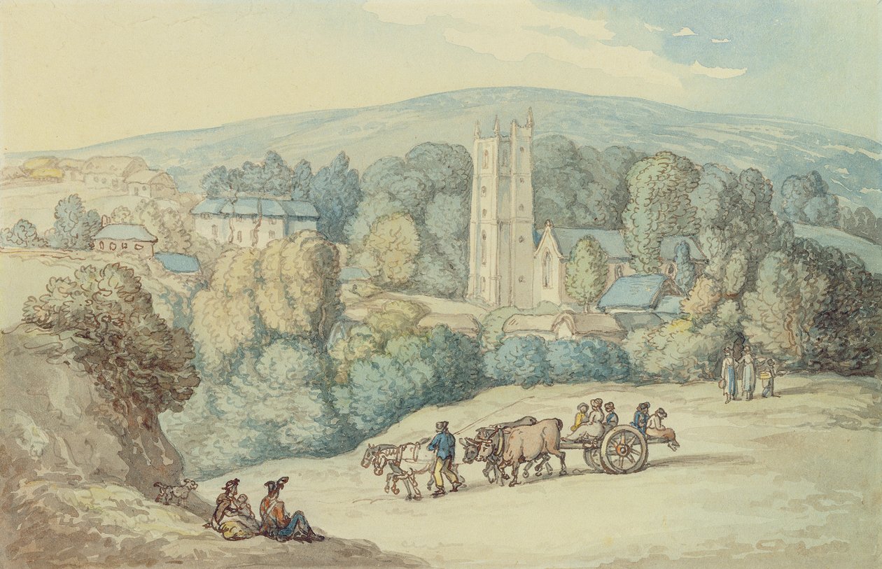 Kirken og landsbyen St. Cue, Cornwall, ca. 1812 (penn og blekk og wc på grafitt på papir) av Thomas Rowlandson