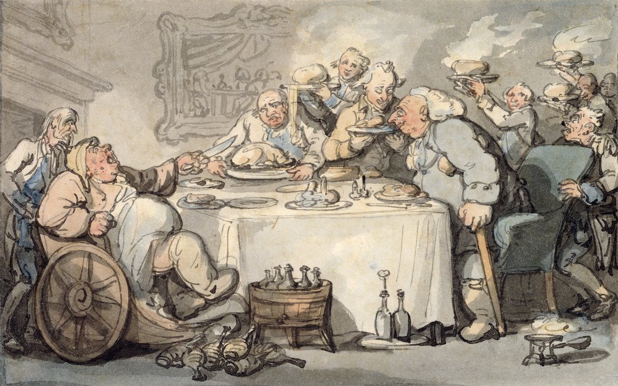 The Comforts of Bath: Gouty Gourmand på middag (wc på papir) av Thomas Rowlandson