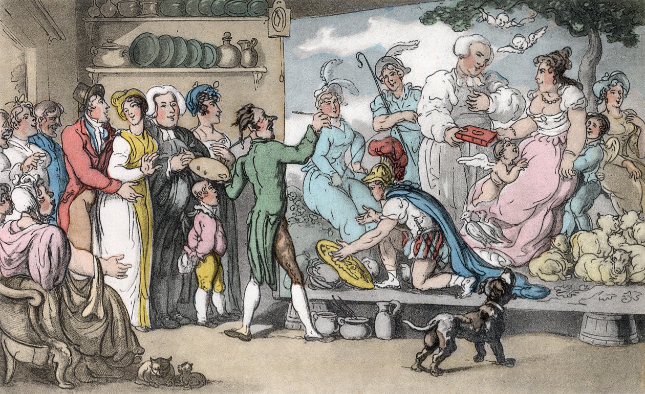 The Family Picture, illustrasjon fra 'The Vicar of Wakefield' av Oliver Goldsmith, pub. Ackermann, 1817 (håndfarget akvatint) av Thomas Rowlandson