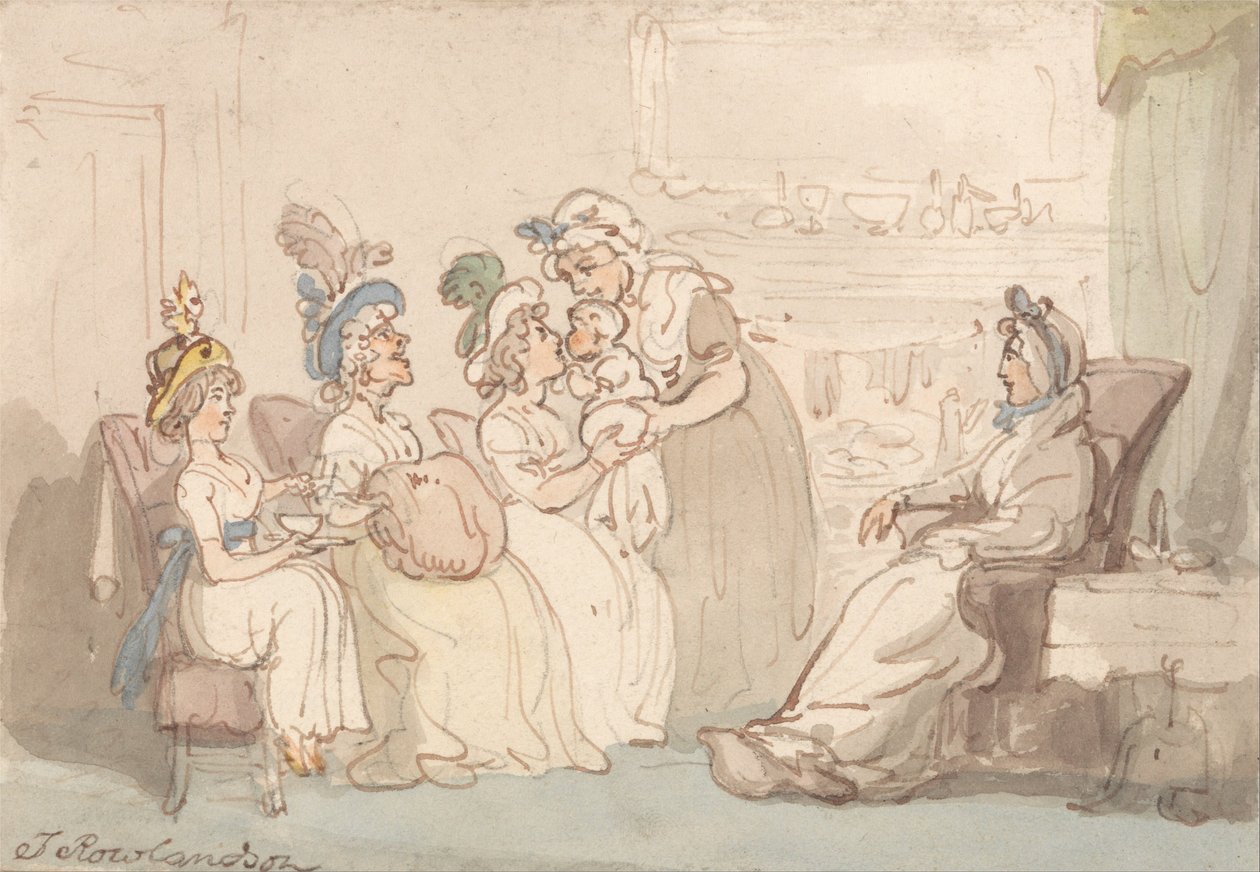 Besøkende blir vist babyen av Thomas Rowlandson