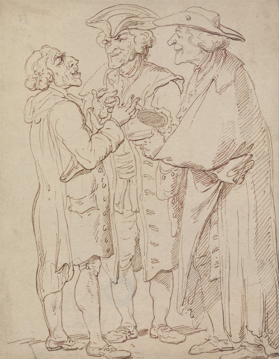 Tre figurer i full lengde av menn som snakker av Thomas Rowlandson
