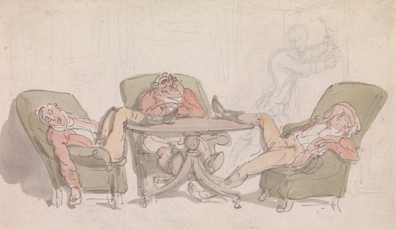 Tre idrettsutøvere som sover ved bordet i stolene sine av Thomas Rowlandson