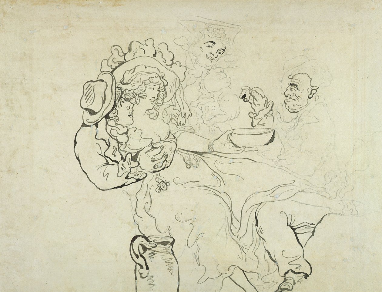 Tre menn og en kvinne drikker (penn og blekk og wc på papir) av Thomas Rowlandson