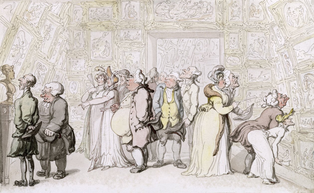Visning ved Royal Academy, ca. 1815 (penn, blekk og wc på papir) av Thomas Rowlandson