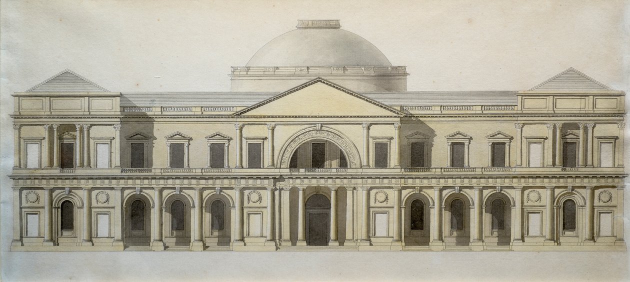 Konkurransedesign for Royal Exchange-bygningen i Dublin, ca. 1769 (penn og blekk med farget vask på papir) av Thomas Sandby