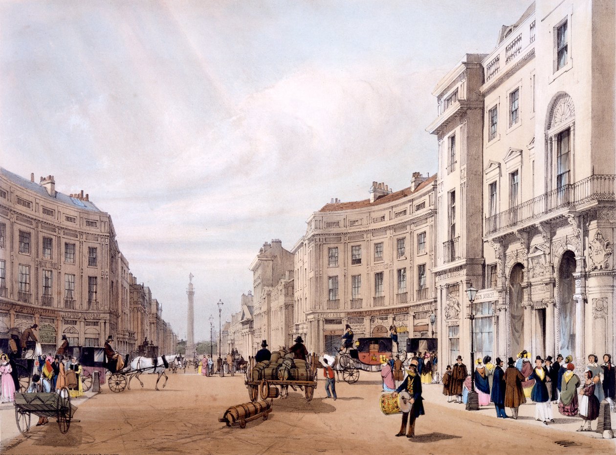 Regent Street, ser mot hertugen av Yorks søyle, fra "London as it is Drawn from Nature", 1842 av Thomas Shotter Boys