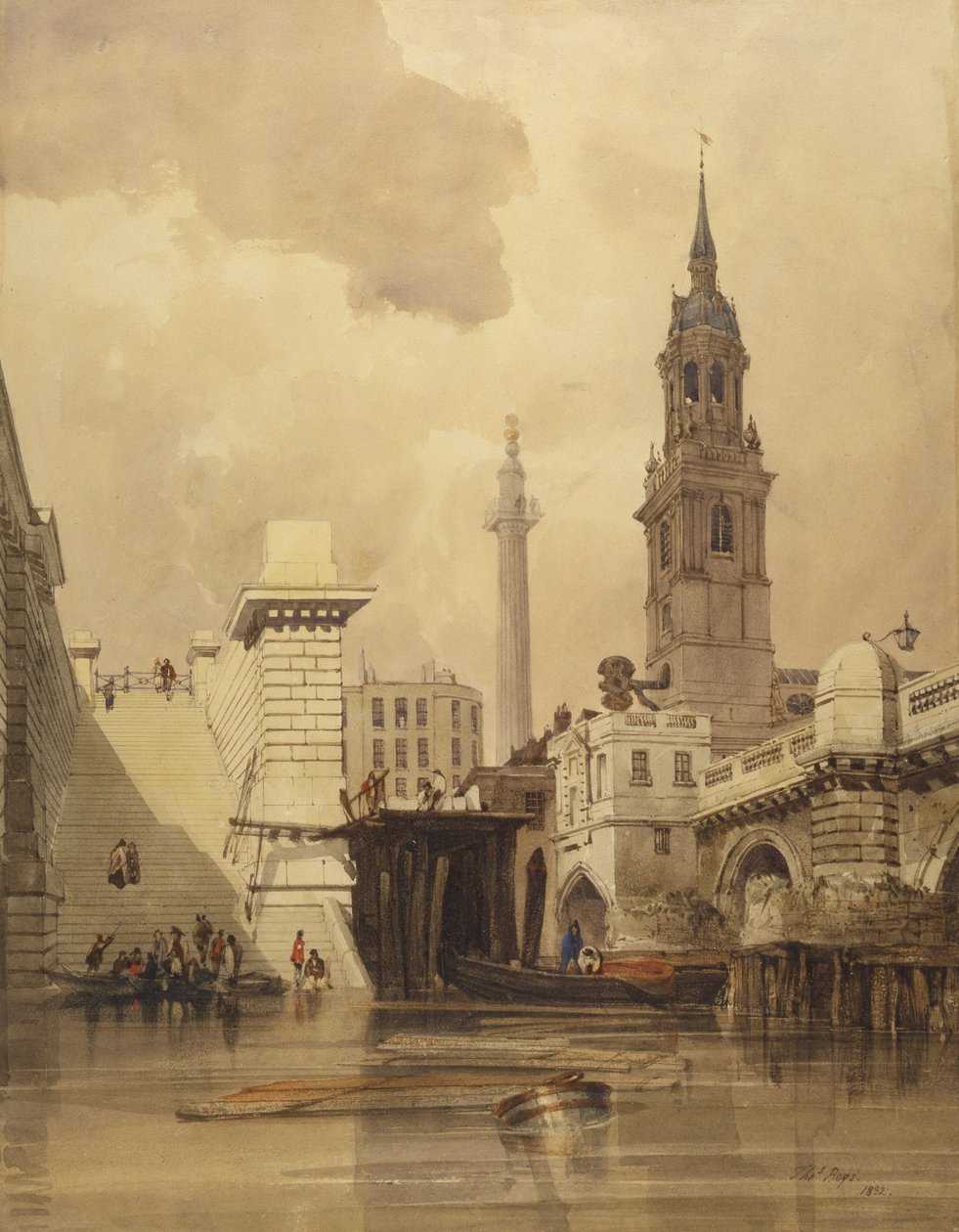 The Church of St. Magnus the Martyr ved London Bridge, med monument i bakgrunnen (wc på papir) av Thomas Shotter Boys