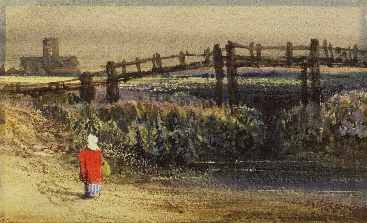 Gangbroen (Landskap med rød kappe) (wc og gummi arabicum på papir) av Thomas Shotter Boys