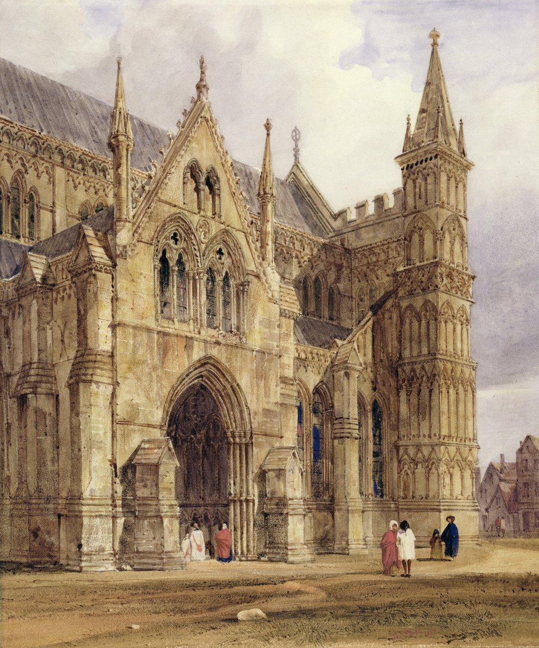 The North-West Porch of Salisbury Cathedral, 1832 (wc med penn og brunt blekk over blyant på papir) av Thomas Shotter Boys