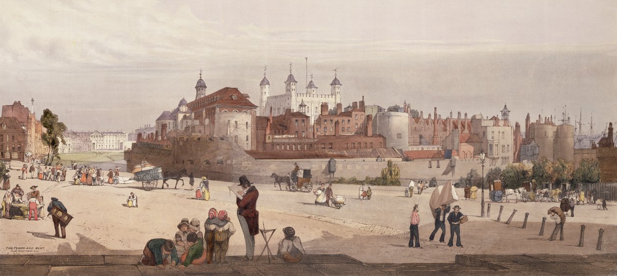 Utsikt over Tower of London og Royal Mint fra Great Tower Hill, 1842 av Thomas Shotter Boys