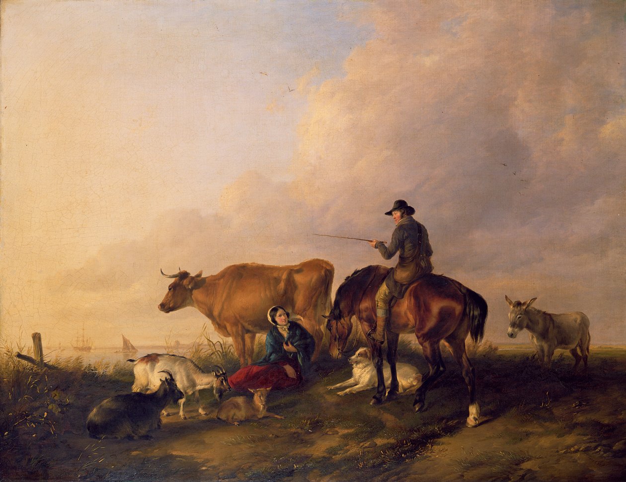 Kystlandskap med figurer og dyr av Thomas Sidney Cooper