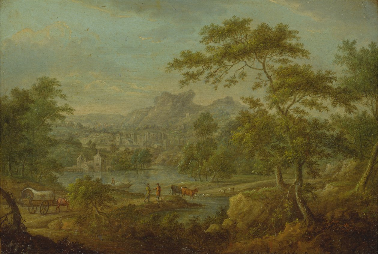 Et imaginært landskap med en vogn og et fjernt syn på en by av Thomas Smith of Derby