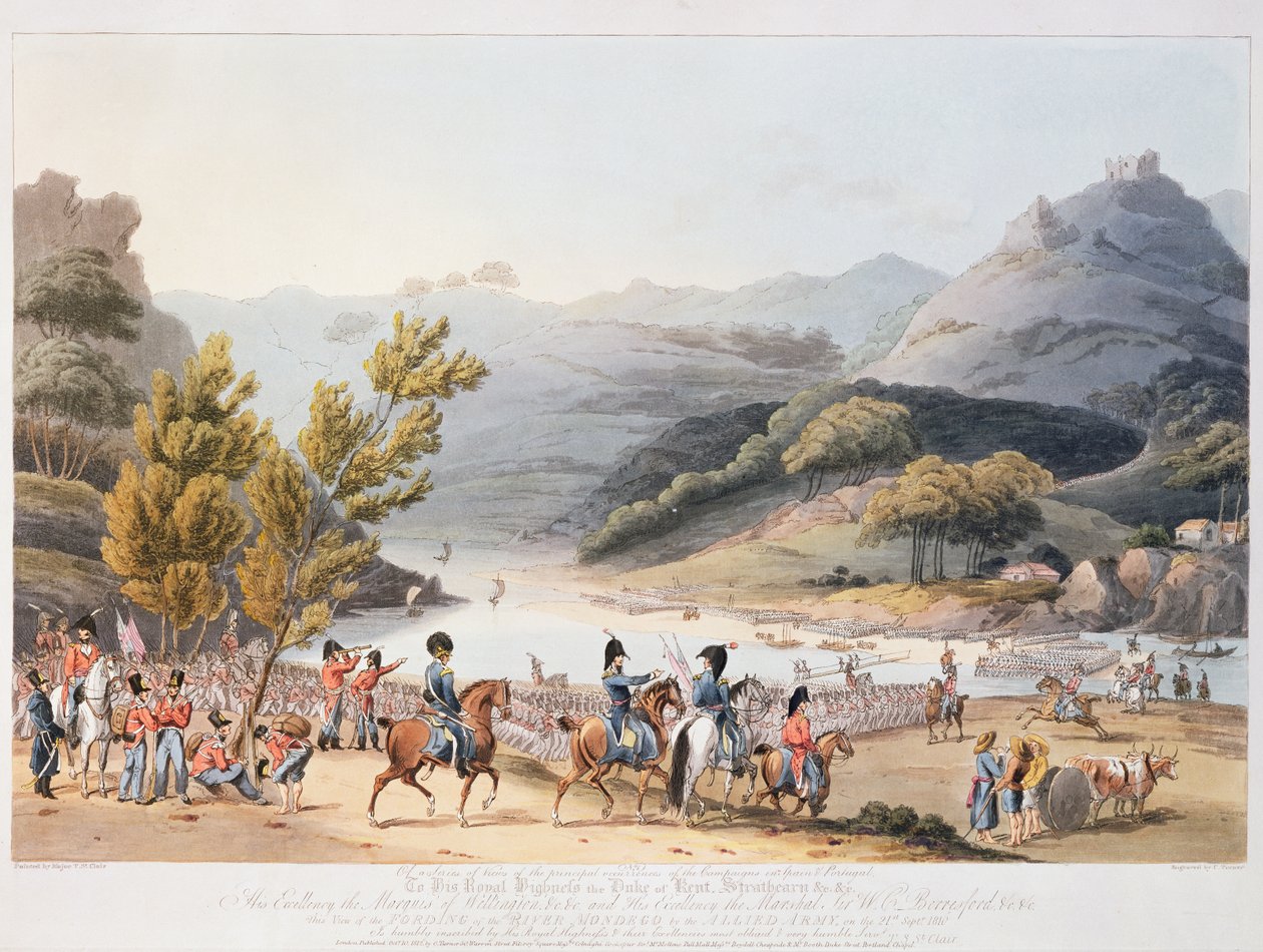 Fording of the River Mondego, gravert av C. Turner, 21. september 1810 av Thomas Staunton St. Clair