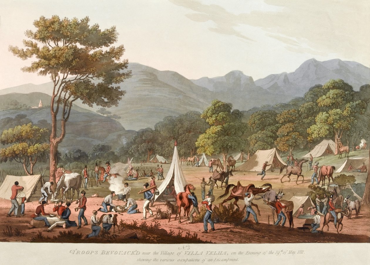 Tropper Bevouack?d [sic] nær landsbyen Villa Velha, på kvelden den 19. mai 1811, viste [sic] de forskjellige okkupasjonene til et Emcampment, 1810-11 av Thomas Staunton St. Clair