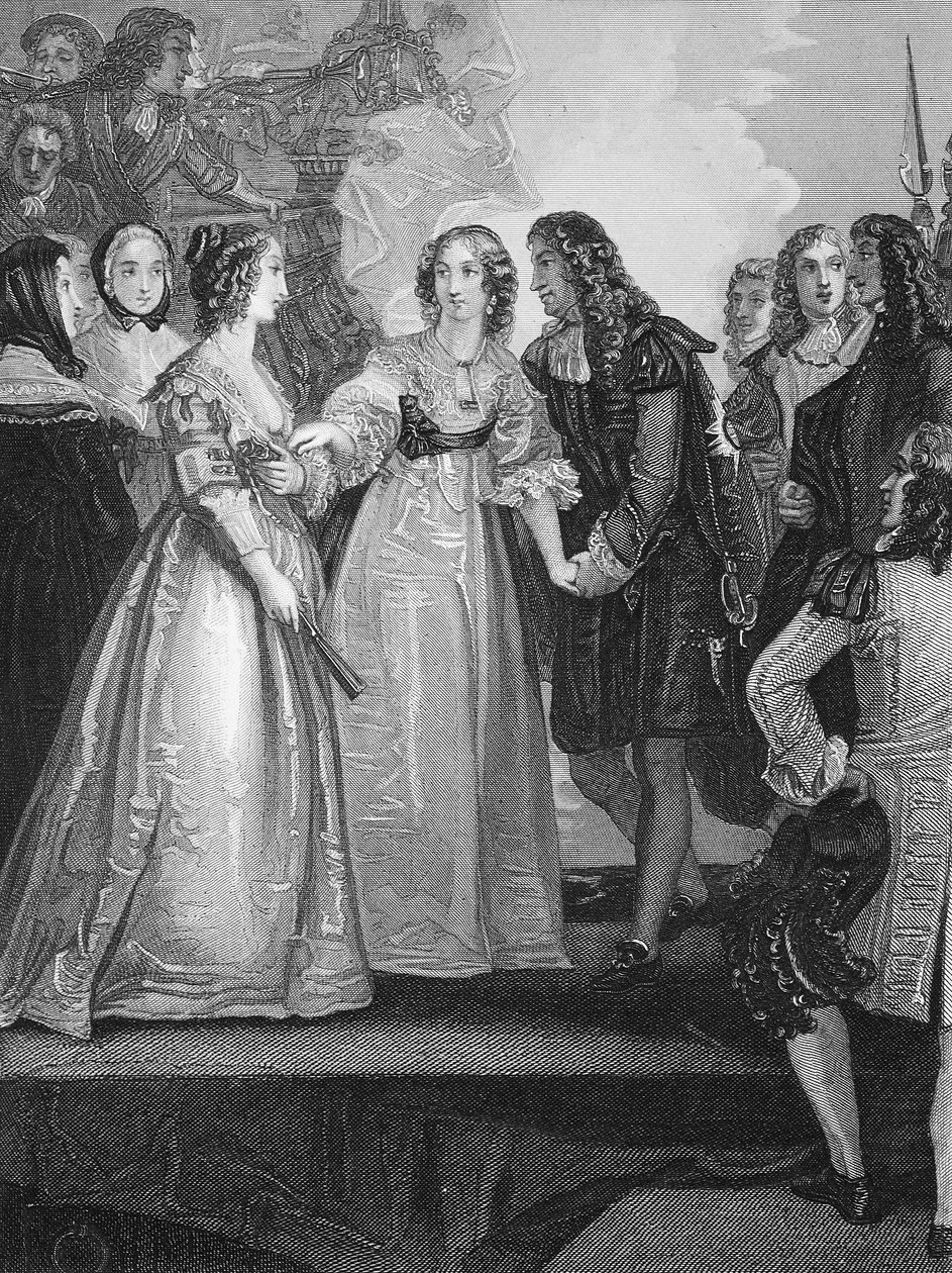 Charles II mottar hertuginnen av Orleans i Dover, gravert av AH Payne av Thomas Stothard