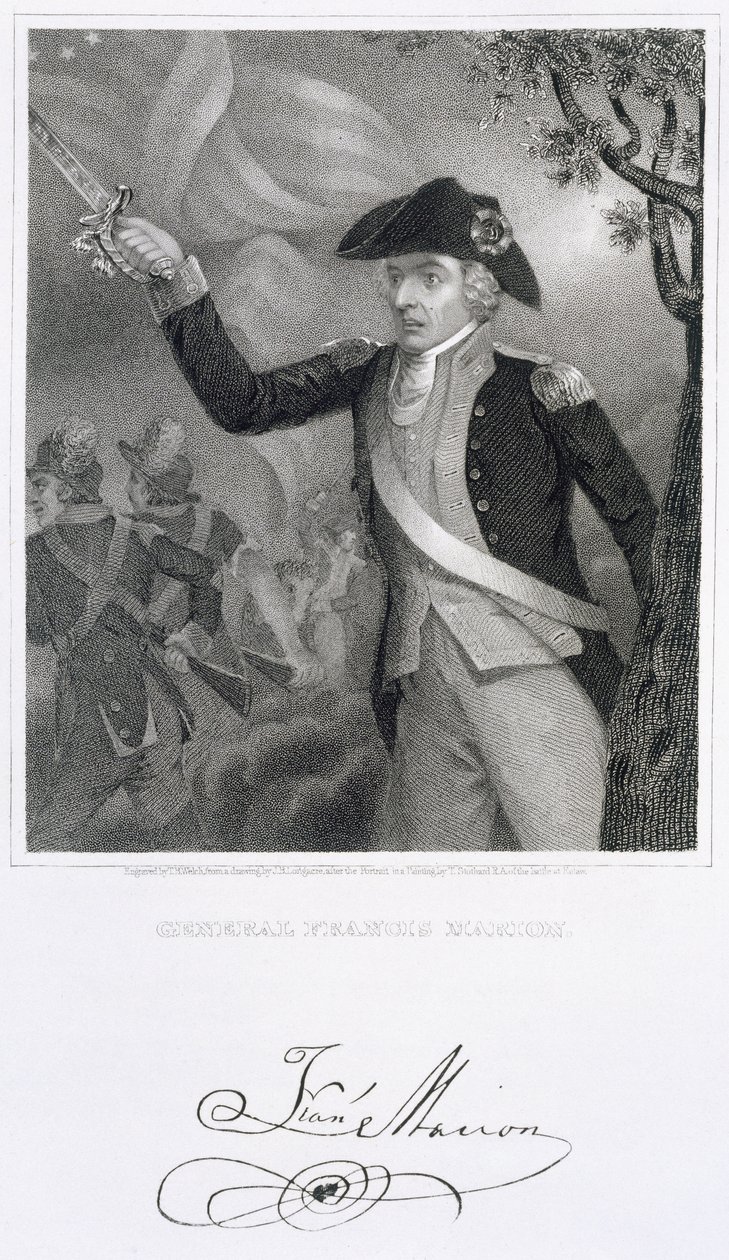 Portrett av general Francis Marion i slaget ved Eutaw Springs, 1781, gravert av Thomas B. Welch (1814-74) fra en tegning av James Barton Longacre (1794-1869) av Thomas Stothard