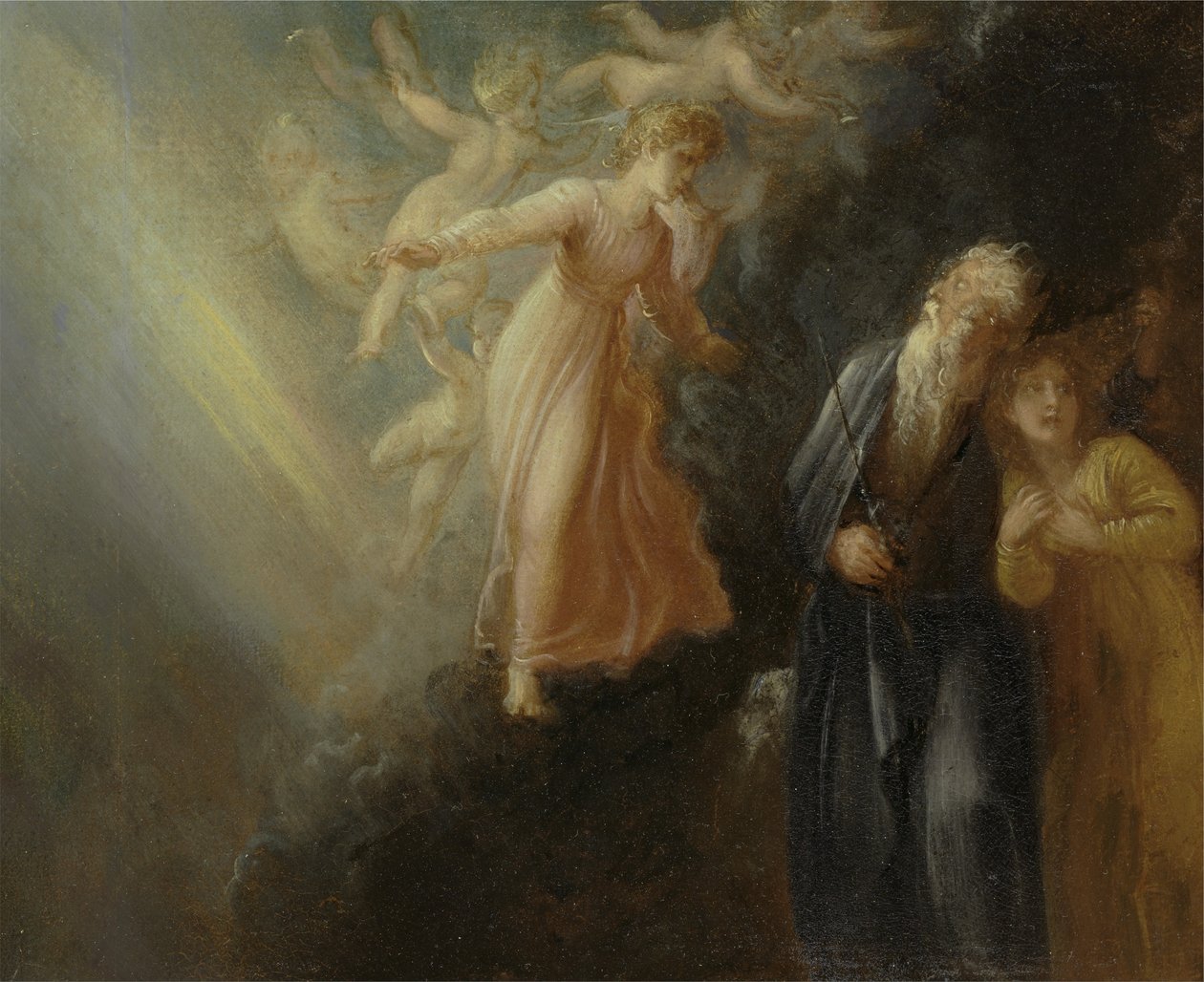 Prospero, Miranda og Ariel, fra The Tempest, Act I, scene ii av Thomas Stothard